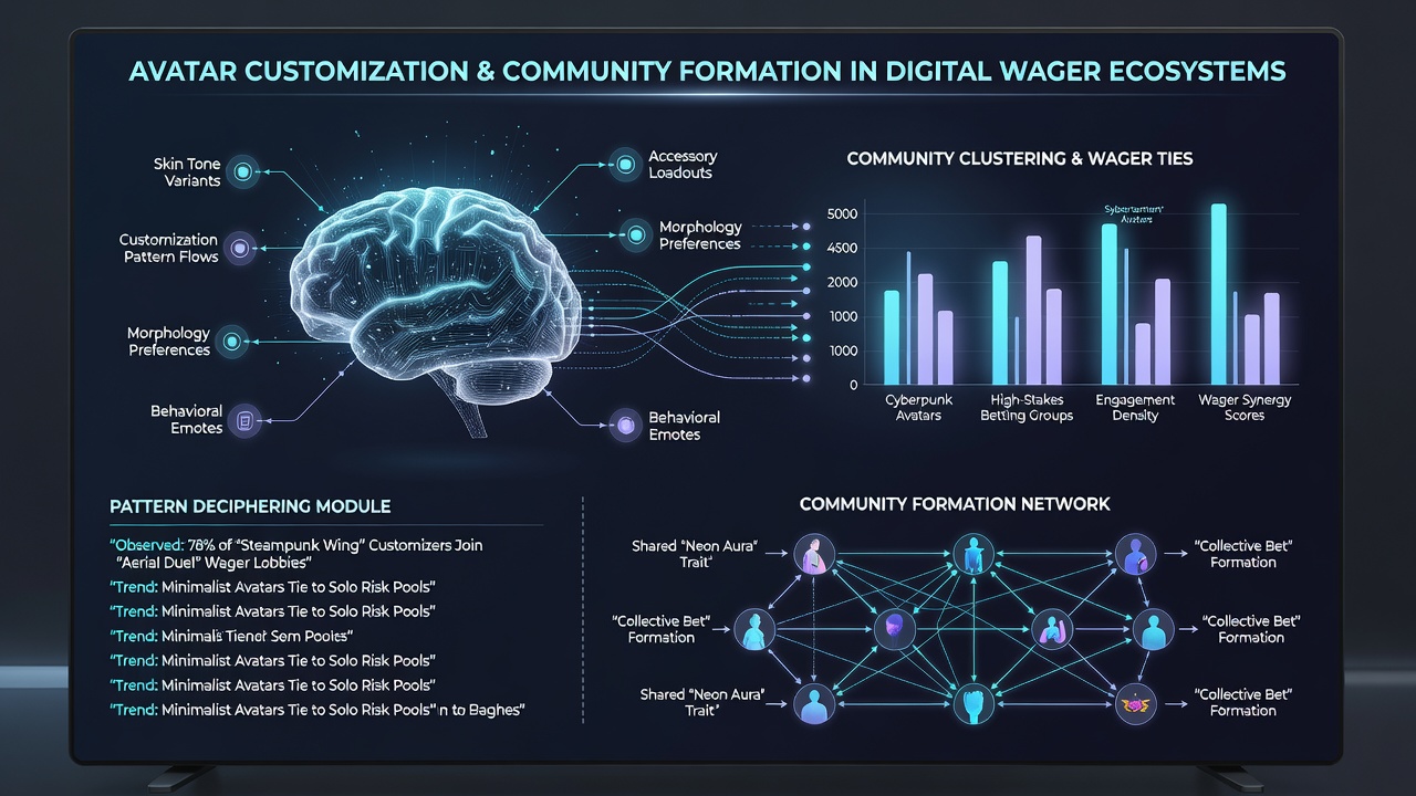 Group of customized avatars gathered in a virtual wagering lobby illustrating community clustering through shared visual themes