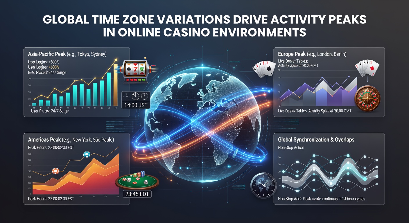 World map highlighting time zone boundaries with overlaid casino activity graphs showing peak hours across continents
