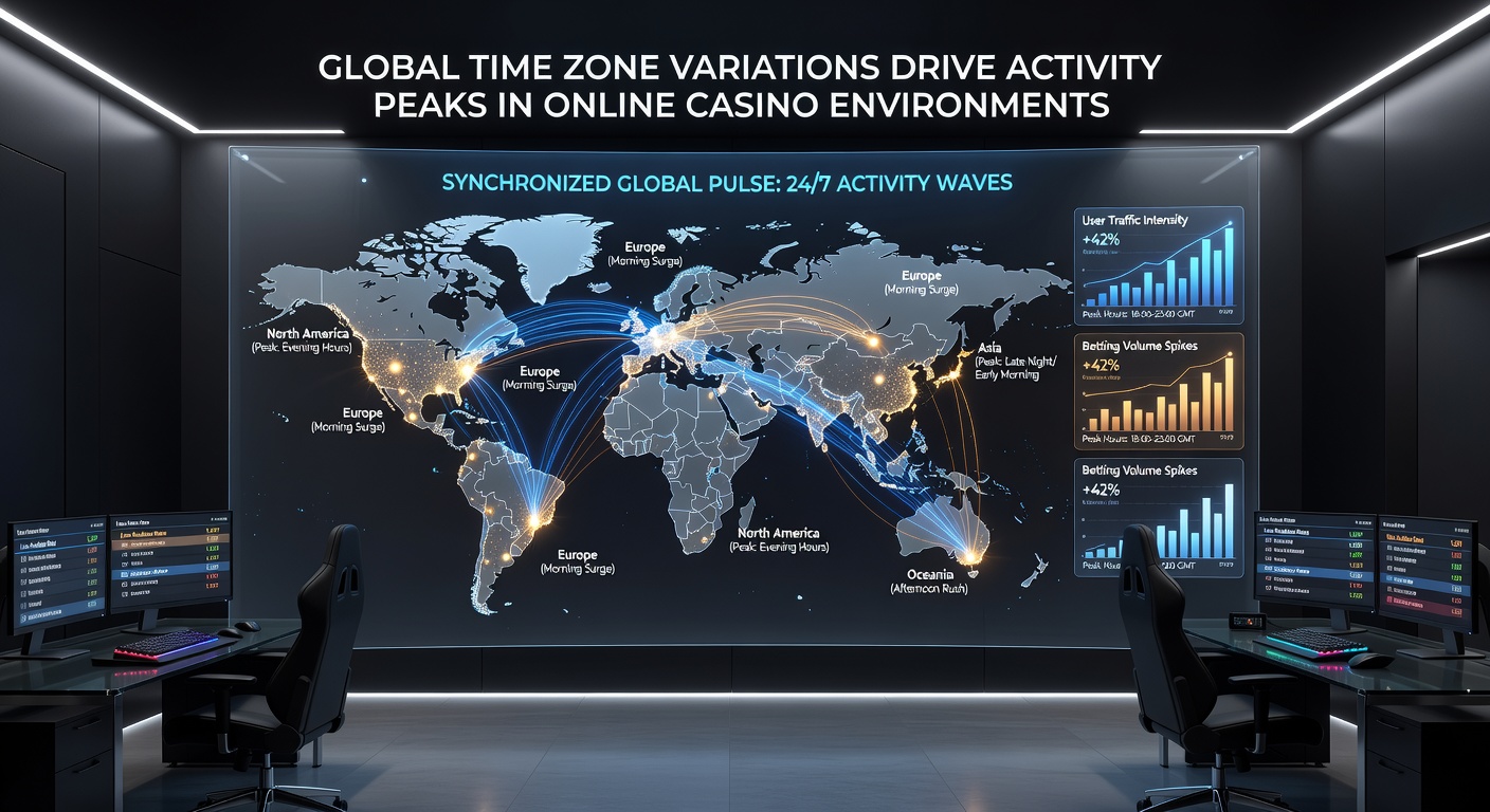 Graph displaying hourly casino traffic volumes across major time zones with color-coded regional overlays