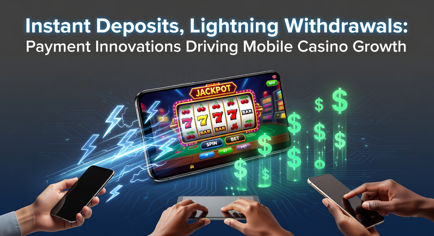 Dynamic graphic of a smartphone screen displaying instant deposit confirmation and lightning-fast withdrawal animation in a mobile casino app, symbolizing speed and convenience