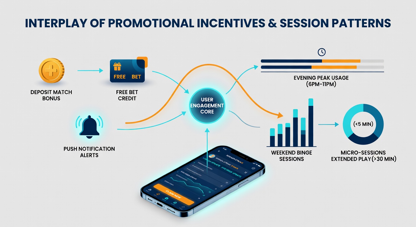 Analytics dashboard displaying session duration graphs alongside promotional incentive performance metrics for mobile betting users