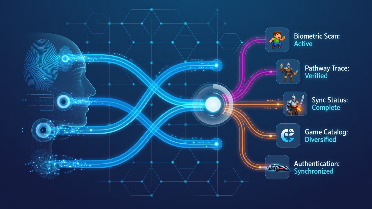 Diversified game catalogs synchronized via biometric profiles on international mobile devices
