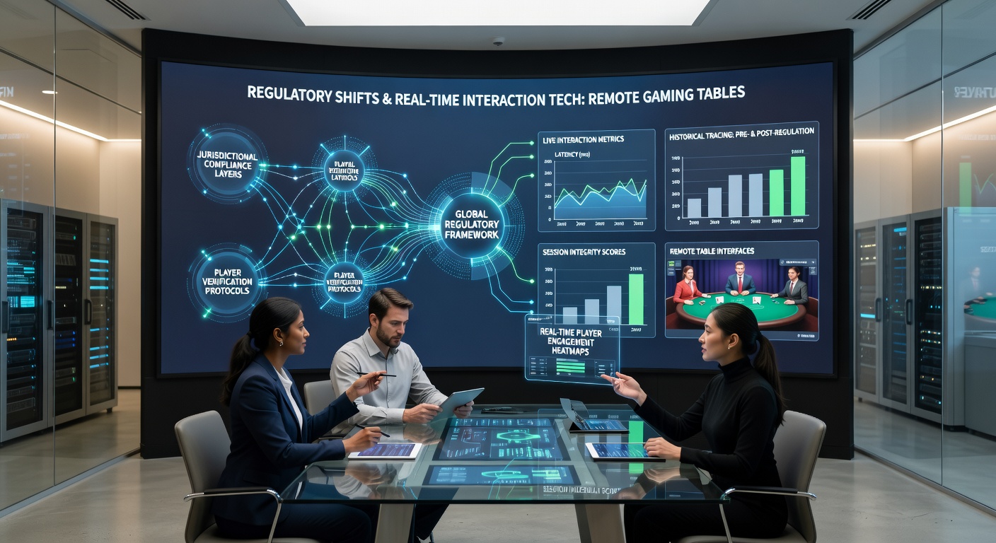 Live dealer streaming setup with overlaid regulatory compliance metrics and real-time data flows