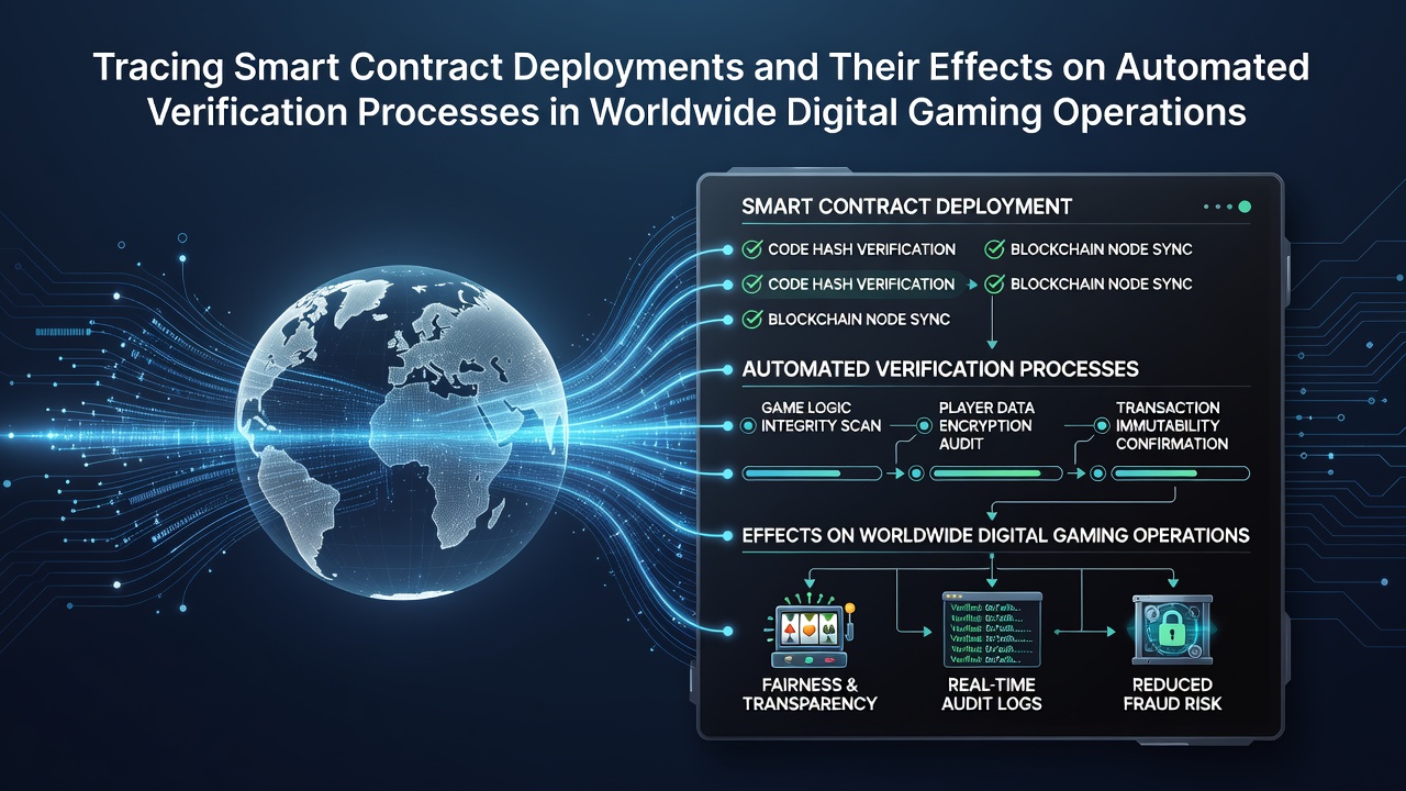 Blockchain network visualization showing smart contract nodes connected across global digital gaming servers