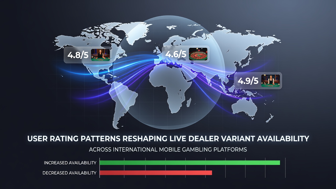 Mobile screen displaying live dealer blackjack variants with user rating overlays on an international gambling app